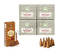 Satya White Sage Dhoop Cones with Stand, 4 Packs x 12 (48 Cones Total) + Rushant Sandal Saffron Dhoop Sticks (10) - Incense Set for Relaxation & Meditation