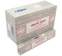 Satya White Sage Incense Sticks Agarbatti 180 Grams Box with Free Wooden incense/agarbatti stand with brass work | 12 Packs of 15 Grams Each in a Box | Export Quality