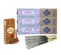 Satya White Sage Smudge Incense Sticks 25g x 3 Packs + Rushant Sandal Saffron Dhoop Sticks (10 Sticks) | Cleansing, Meditation, Yoga, Relaxation & Spiritual Rituals