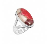 SATYAVIE JEWELLERY 925 Sterling Silver Red Oyster Turquoise Ring for Women, Birthstone Ring, Handmade Oval Gemstone Statement Rings, Boho Silver Jewelry Anniversary Birthday Gift (ROT, J)