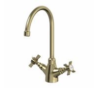 Sauber® Burford Kitchen Sink Mixer Tap Twin Crosshead Handle Swan Neck Swivel Spout Brass Body for Sinks Taps Faucet Traditional Round, Brushed Brass