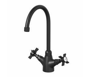 Sauber® Burford Kitchen Sink Mixer Tap Twin Crosshead Handle Swan Neck Swivel Spout Brass Body for Sinks Taps Faucet Traditional Round, Black