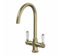 Sauber® Burford Kitchen Sink Mixer Tap Twin Lever Handle Swan Neck Swivel Spout Brass Body for Sinks Taps Faucet Traditional Round, Brushed Brass