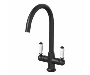 Sauber® Burford Kitchen Sink Mixer Tap Twin Lever Handle Swan Neck Swivel Spout Brass Body for Sinks Taps Faucet Traditional Round, Black