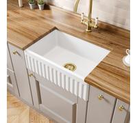 Sauber Fluted Single Bowl Ceramic Belfast Kitchen Sink with Brushed Brass Waste