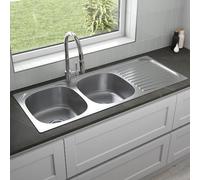 Sauber Inset Double Bowl Stainless Steel Kitchen Sink with Drainer - Rectangular