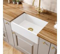 Sauber Single Bowl Ceramic Belfast Kitchen Sink with Brushed Brass Waste