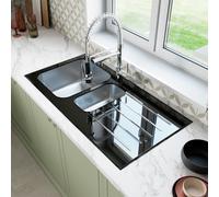 Sauber Stainless Steel Inset 1.5 Kitchen Sink & Black Glass Drainer RH