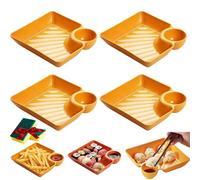 Sauce Separated Plate, 4-Piece Japanese Dumpling Plate Set with Sauce Compartments, Reusable Square Snack Serving Dishes for Tacos, Veggies, Fruit, Charcuterie and Party Appetizers (Yellow)