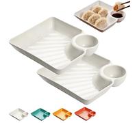 Sauce Separated Plate, Japanese Dumpling Plate with Sauce Dish, Reusable Chips and Salsa Serving Dish Plates, Snack Plates for Sushi, Chips, Fried Chicken Nuggets (White)