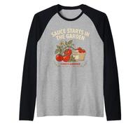 Sauce Starts in the Garden Vintage Tomato Gardener Design Raglan Baseball Tee