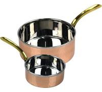 Saucepan Set 2 Pieces Copper & Stainless Steel with Hammered Brass Handles Traditional & Stylish for Modern Cooking & Serving (11cm - 300ml & 16cm - 850ml)