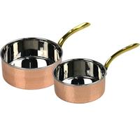 Saucepan Set 2 Pieces Copper & Stainless Steel with Hammered Brass Handles Traditional & Stylish for Modern Cooking & Serving (13cm - 530ml & 16cm - 850ml)
