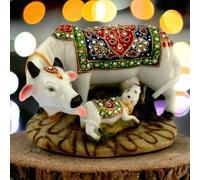 SAUDEEP INDIA Good Luck Gift Items Art Handicraftgiftgallery Decorative Marble dust/Polyresin Cow and Calf Showpiece Idols and Figurines(White)