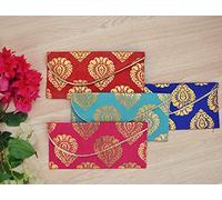 Saudeep India Raw Silk Fabric Printed Money Gift Envelopes for Wedding/Marriage/Birthday(Design no. 1, Pack of 15, Different Colors)