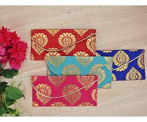 SAUDEEP INDIA Raw Silk Fabric Printed Money Gift Envelopes for Wedding/Marriage/Birthday(Design no. 1 Pack of 5