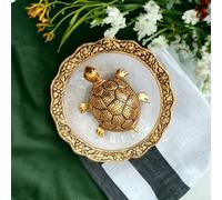 SAUDEEP INDIA Vastu Feng Shui Metal Turtle Tortoise with Plate for Good Luck Feng Shui Tortoise, Gold