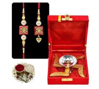 Saugat Traders Bhaiya Bhabhi Rakhi Set with Gift Swastik Diya with Velvet Gift Box Couple Rakhi for Brother and Bhabhi Roli Chawal Tilak Set Combo