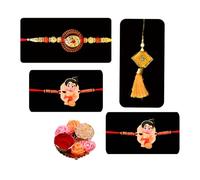 Saugat Traders Designer Rakhi Pack For Bhaiya Bhabhi And Kids - Brother Rudraksh Rakhi Designer Lumba Rakhi -Bal Hanuman Rakhi for Kids With Chopra Roli Chawal, Metal, no gemstone, Metal, no gemstone