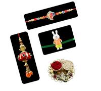 Saugat Traders Rakhi Combo for Brother and Bhabhi and Kid with Roli Chawal Chopra | Ganesh Ji Rakhee for Bhai | Traditional Lumba Rakhee for Bhabhi | Family Rakhi Set of 3, Free, Metal, No Gemstone