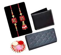 Saugat Traders Rakhi Gift for Bhaiya Bhabhi - Men's Wallet, Hand Clutch - Designer Rakhi for Bhai - Lumba Rakhi for Bhabhi - Rakhi Pair with Roli Chawal Chopra
