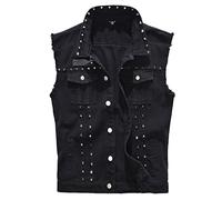 Saukiee Men's Casual Lapel Denim Vest Jacket Vintage Slim Fit Sleeveless Ripped Jeans Vests, Rivets Black, Large
