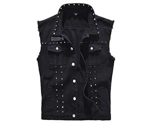 Saukiee Men's Casual Lapel Denim Vest Jacket Vintage Slim Fit Sleeveless Ripped Jeans Vests, Rivets Black, Large