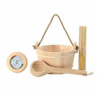 Sauna Accessory Set 4 Pieces Brown Solid Pine Wood Hemp with 4L Bucket Ladle Thermo-Hygrometer Hourglass for Wellness Spa Steam Bath Relaxation and Aromatherapy