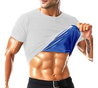 Sauna Shirt for Men Short Sleeve Mens Sauna Suit Sweat Body Shaper Compression Vest Gym Exercise Top, White-blue Inner, M