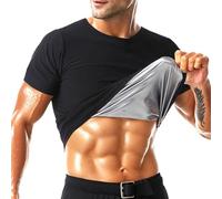 Sauna Shirt for Men Short Sleeve Mens Sauna Suit Sweat Body Shaper Compression Vest Gym Exercise Top, Black-silver Inner, XL