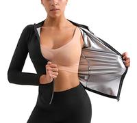 Sauna Suit Hot Sweat Body Shaper Jacket Waist Trainer Long Sleeve Zipper Shirt Workout Top, Black Y7, L/XL