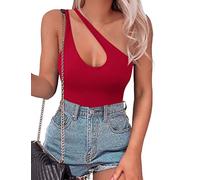 SAUNGKUAI Women's Sexy One Shoulder Sleeveless Cutout Thong Bodysuit Tank Top Body Suits Backless Asymmetrical Going Out Tops