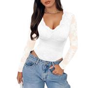 SAUNGKUAI Women's V Neck Lace Bodysuit Long Sleeve Bodysuits Double Lined Going Out Tops Y2K Trendy Thong Outfits, White, Medium