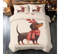 Sausage Dog Christmas Super King Duvet Set, Puppy Dachshund Bedding Set 3 Piece Soft Microfiber Quilt Cover Reversible Duvet Sets with 2 Pillows Zipper Closure L-32