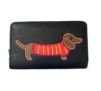 Sausage Dog Dachshund Zip Around Purse - Faux Leather Wallet with Dog Bone Zip Pull - Concertina Design with Zipped Coin Section - 15.5 × 9.5 × 3 cm (Black)