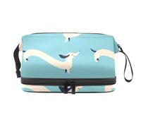 Sausage Dog Pattern Double Layer Cosmetic Bag for Women and Girls, Travel Toiletry Bag Makeup Handy Pouch Organiser Bag with Brush Compartment