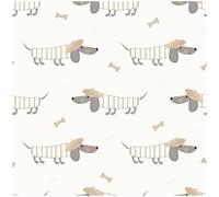 Sausage Dog Wallpaper with Beret Dachshund Pattern - Cute Neutral Beige and Grey Animal Print Design with Bone Motifs - Playful Nursery, Children’s Bedroom or Dog Lover Feature Wall Decor