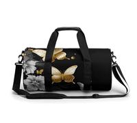 Sausage on Fire Gym Bag Small Travel Duffle Bag with Compartment Carry On Weekender Bag for Women Men, Gold White Butterflies Black, 17.7in/9in/9in