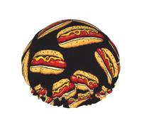 Sausage Sandwich Print Shower Caps for Women, Reusable Double Layers Elastic Band Long Hair Bath Caps for Shower