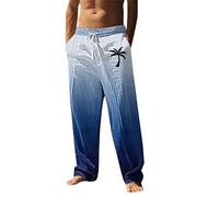 SAUTRV Fuzzy House Men's Linen Pants Coconut Tree Printed Drawstring Straight Leg Trousers Causal Baggy Summer Beach Travel Yoga Pantss Men Pants (Blue, L)