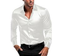SAUTRV New Solid Color Simulation Silk Satin Glossy Men's Shirt with Elastic Long Sleeves Lady Tunic Long (White, XL)