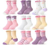 SAVALOS Baby Girls Toddlers Frilly Grips Socks Non Slip Soft Cotton Ruffle Crew Anti Skid Socks 9 Pairs