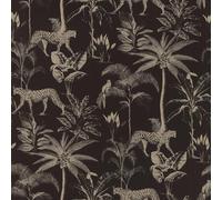 Savannah Black Gold Wallpaper Textured Shimmer Cheetah Palm Tree Jungle Tropical
