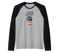 Save Democracy Raised Fist American Flag Raglan Baseball Tee