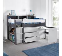 Save On Goods UK 2 Tone White & Grey Mid Sleeper,storage Chest Of Drawers,desk,kids 3Ft Single Wood,wooden Study Bunk Bed