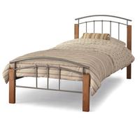 Save On Goods UK 3Ft Single Silver Metal Tubular Bed Frame, Beech Wood Finish Corner Posts.strong Sturdy Frame Bedstead Base.