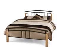 Save On Goods UK 4Ft Small Double Black Metal Tubular Bed Frame, Beech Wood Finish Corner Posts.strong Sturdy Frame Bedstead Base.