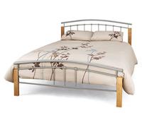 Save On Goods UK 4Ft Small Double Silver Metal Tubular Bed Frame, Beech Wood Finish Corner Posts.strong Sturdy Frame Bedstead Base.