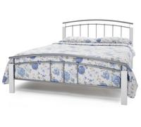 Save On Goods UK 4Ft Small Double Silver Metal Tubular Bed Frame, White Painted Wood Corner Posts.strong Sturdy Frame Bedstead Base.