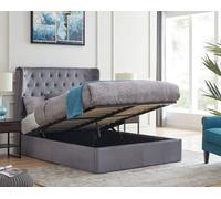 Save On Goods UK 4Ft6 Double Grey Fabric Upholstered, Winged, Wing Back Headboard, Tall, Gas Lift Up Ottoman Bed Frame, Strong, Sturdy Bed Frame